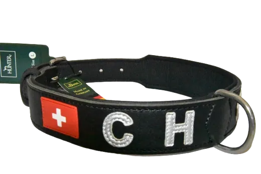 HUNTER Hundehalsband  Flag Schweiz Leder schwarz 60 cm